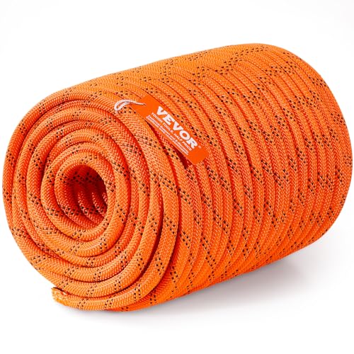 VEVOR Double Braided Polyester Rope, 1/2 in x 220 ft, 48 Strands, 8000 LBS Breaking Strength Outdoor Climbing Rope, Arborist Rigging Rope for Rock Hiking Camping Swing Rappelling Rescue, Orange/Black - size: 1/2 Inch x 220 FT, style: Polyester