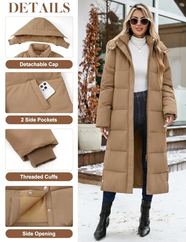 UMIPUBO Women's Long Maxi Down Coat Winter Puffer Jacket | Extra-long,Water Repellent,Side pocket,Faux Fur Removable Hood,Full-Zip,Warm Padded Outerwear - color: Khaki, size: X-Large