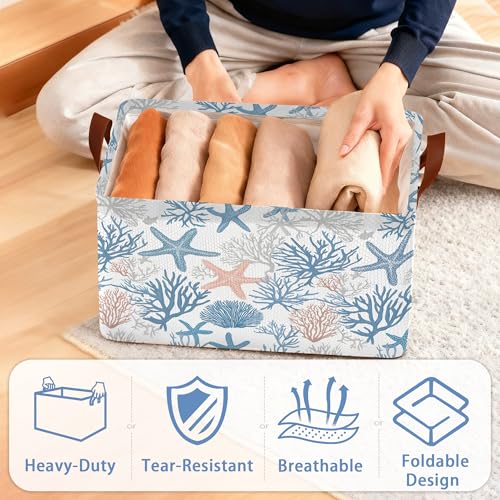 Starfish Coral Storage Basket with Handles,Shell Collapsible Rectangle Organizer Bin for Room Decoration Books Box Baskets 17x11.5x10Inch - color: Starfish Coral Shell