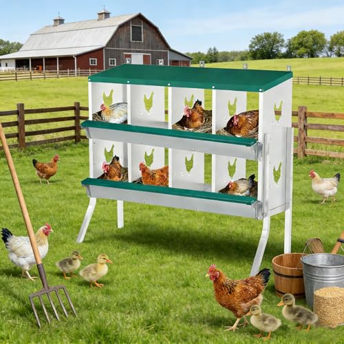 Chicken Nesting Box, 8 Compartments Nesting Box with 4 Fake Eggs & 10 Soft Nest Pads, Wall Mounting for Easy Egg Collection, Heavy Duty Galvanized Steel Rustproof Laying Box with Vented & Easy Clean - size: 8 compartment with Legs