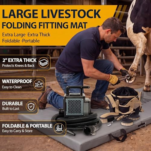 Breling Large Livestock Folding Fitting Mat 71” x 24”, 2” Thick Kneeling Pad with Carry Handle Portable, Gray Foldable Waterproof PU Leather Work Mat for Grooming, Farrier, Garage, Gardening & Outdoor