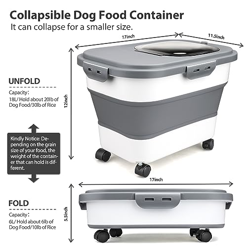 Viretec Dog Food Storage Container, 10-20Lbs Collapsible Pet Food Storage Containers with Rolling Wheel Airtight Locking Lid, Dry Food Storage Bin with Cup and Scoop,Suitable for Pet Food, Rice, Flour - color: White