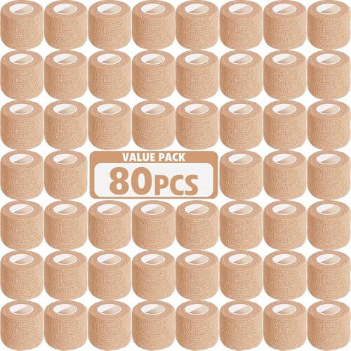 AZEN 80 Pack Self Adhesive Bandage Wrap, 2" X 5 Yards Elastic Cohesive Bandage Wrap, Skin Color Athletic Tape, Vet Wrap, Ankle Tape, Tattoo Grip Tape Wrap - color: Beige, size: 2IN - 80Pack