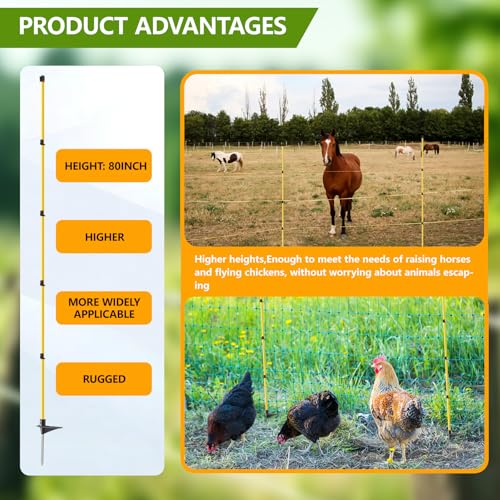 80 Inches Electric Fence Posts Fiberglass Step-in 20 Pack, Temporary Fence Stakes with Adjustable Clips for Livestock, Garden, Farm Protection