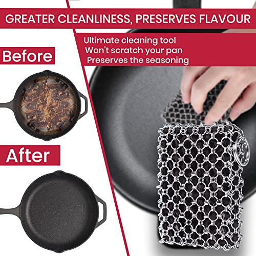 316L Cast Iron Scrubber Kit with Scraper Tool - Silicone Insert for Pan | Zylark Pan Cleaner Scrubber with Silicone Insert - Cast Iron Cleaning Kit - Chainmail Scrubber for Cookware - style: Black CIS with Scraper