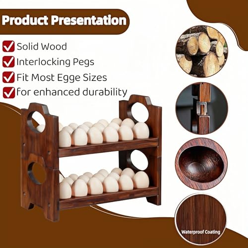 Wooden Egg Holder for Countertop,Holds 36 Eggs,2-Tier Farmhouse Egg Organizer for Fresh Eggs,Stackable Egg Storage Rack for Kitchen