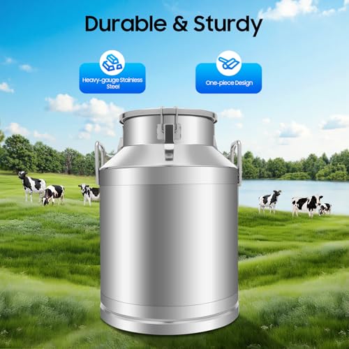 50L/13.3 Gallon Stainless Steel Milk Can - Heavy Duty Milk Jug Bucket with Ergonomic Handle and Tight Lid, SS Liquid Solid Container, Non-Slip Base, Seamless Design, Simply Rinse for Clean - size: 50L/13.3 Gallon