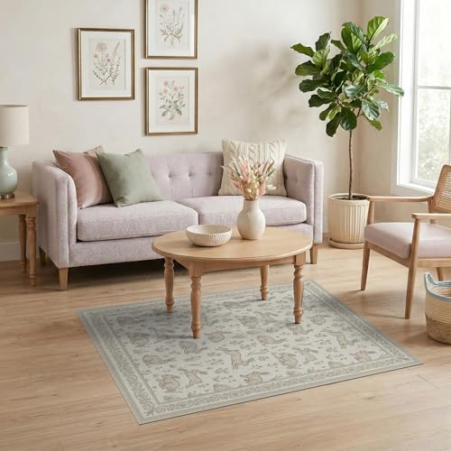 4'x6' Washable Flatwoven Rug, Cream Farmhouse Floral Easy Care Throw Carpet for Dorm Room, Small Living Room, Apartment, Stain Resistant Low Profile Floor Covering | Ref:1969513 - color: Beige/Pattern 21, size: 4' x 6' (Rectangular)