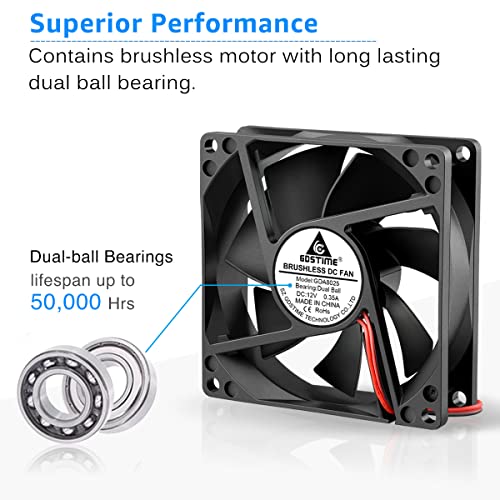 GDSTIME 2Pcs 80mm x 25mm Dual Ball Bearings High Speed 12V Cooling Fan 2Pin | 4500RPM, DC Brushless, Powerful Airflow, PC Case Fans, for Computer PSU, Amps, Wine Cooler, RV Fridge, Incubator, Electronics - size: 80x25mm