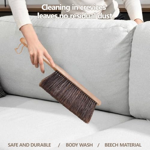 Woooden Dust Brush, Hand Broom Bench Brush, with Long Wood Handle Whisk Broom Soft Bristle Brush for Car Fireplace Clothes Counter Sofa Bed Household Cleaning, 2 Pieces