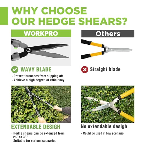 WORKPRO Extendable Hedge Shear, 25"-33" Manual Hedge Clipper/Bush Cutter | Gardening Shears with Steel Wavy Blade, Shock Absorbing Bumper, Ergonomic Handle for Pruning Borders & Shrubs - size: 25"-33"