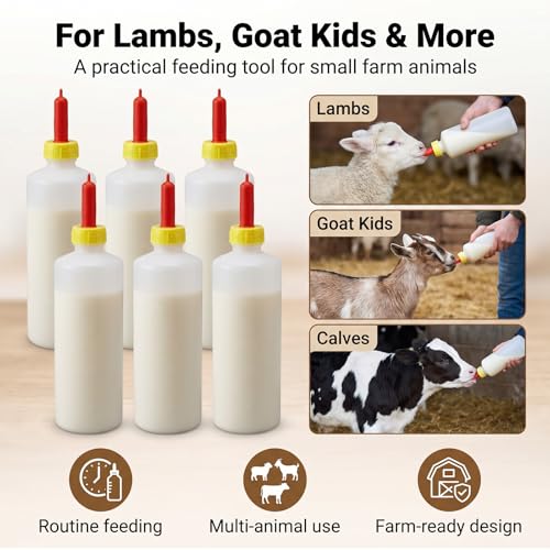Goat Bottles for Feeding Baby Goats - 6 Pack 13.5 oz (400ml) PP Plastic Nipple Set for Lambs, Calves, Sheep, Goat & Other Livestock - Essential to Raise Healthy Lambs and Calves