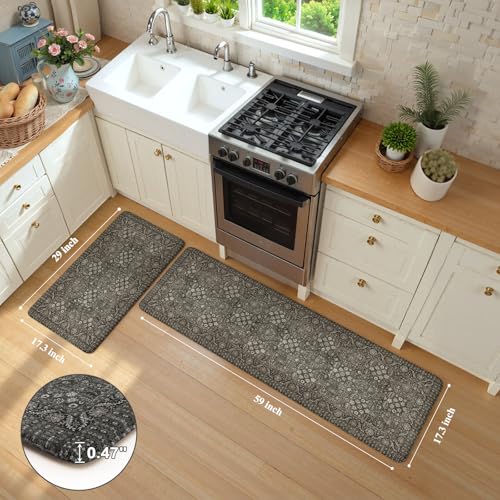 KIMODE Anti Fatigue Kitchen Mat 2PC,Waterproof Farmhouse Green Kitchen Rugs | Vintage Kitchen Mat for Floor Non-Slip,Cushioned Comfort Foam Standing Mat for Laundry,Office,Sink,Desk,Dormitory - color: Green/Grey, size: 17.3" x 59"+17.3" x 29"--0.47 inches