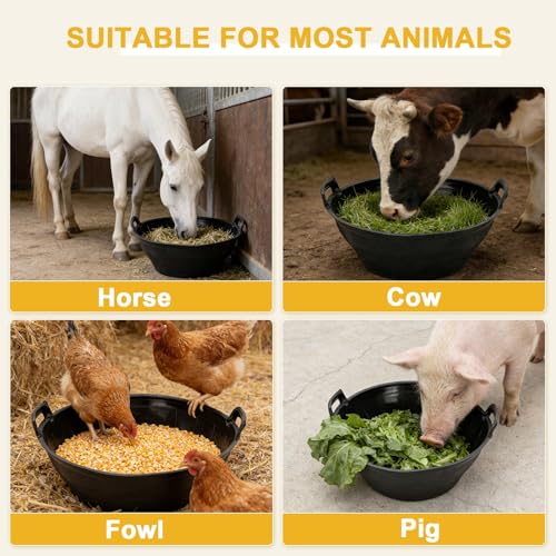 4Pcs Rubber and Plastic Feed Pan with Handle, 3 Gallon / 12 Quart | Plastic Feed Pan Utility Horse Feed Bucket for Cats Dogs Goats Chicken Dust Bath Container Animal Feeding Watering Bowl