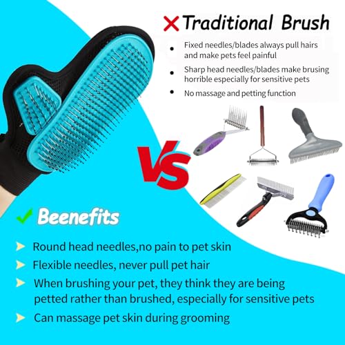 2025 Pet Grooming Glove with Tipped Pin Brush,Special Design Deshedding Glove, Perfect Petting Tool for Sensitive Dogs & Cats with Long & Medium Fur, Massage Mitt - Right-Hand - Blue