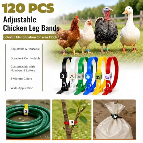 120 Pcs Chicken Leg Bands with Number & Letter Charms, Poultry ID Bands | Adjustable Poultry Identification Kit with 6 Color Bands and 300 Number & Letter Charms for Chicken, Duck, Turkey & Goose