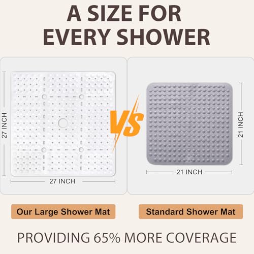 ZOESOE Square Shower Mat Non Slip: 27 x 27 Inches Large Shower Mats for Inside Shower, Soft TPE Shower Floor Mat with Suction Cups and Drain Holes, Machine Washable - color: White