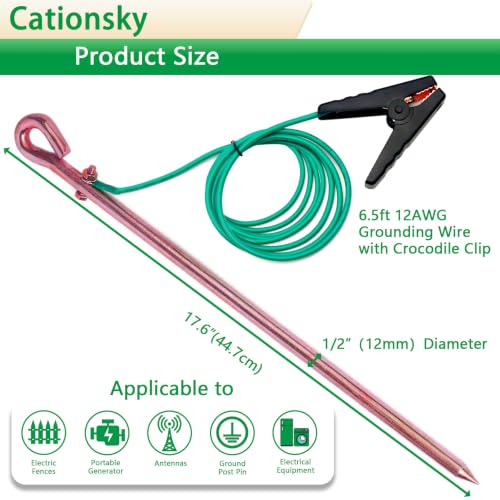Grounding rod for earthing,Grounding Wire with Crocodile Clip for electric fences,generator,antennas (17.6 inch Ground Rod + 6.5ft Crocodile Clip Wire) - color: One grounding rod with 6.5ft cable