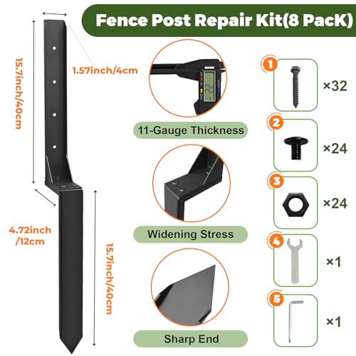 Fence Post Repair Kit, Thickened Heavy Duty Fence Post Anchor Stakes for Repair Tilted, Broken Wood Posts Support (Black, 8 Pack) - color: Black-8 Pack