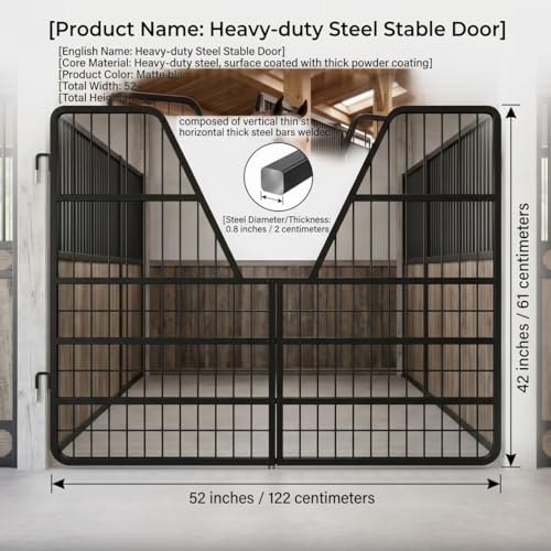 52" W x 42" H Horse stall gate, V-Neck Mesh Ventilation stall Guard, 0.8in Steel Frame Matte Black Partition Stable Doors for Show Stables - size: 3