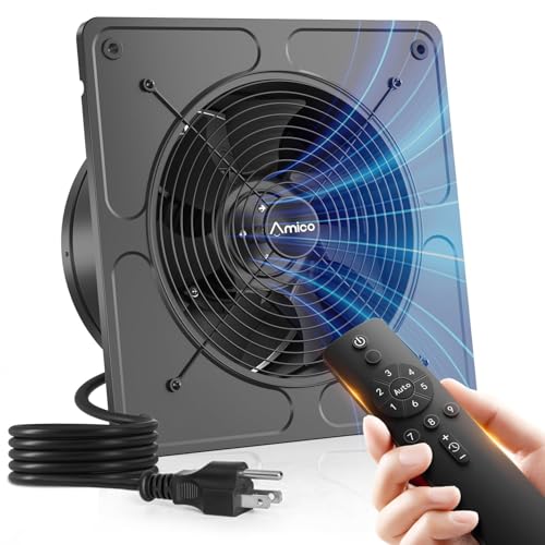Amico 10" Kitchen Exhaust Fan, Remote 9-Speed, 50W EC Motor, 1038 CFM | High Airflow Wall Mount Extractor Fan, Garage, Attic, Greenhouse, 8-Hr Timer, Low Noise 55dB, 3-Year Protection - size: 10 inch