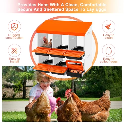 Chicken Nesting Boxes, Roll Away Nest Box for Egg Collector, 6 Holes Orange | Metal Nesting Box for Laying Eggs with Lid Cover to Protect Eggs, Easy Wipe, Slide Out for Quick Bedding Change and Rinse - size: 6 Holes