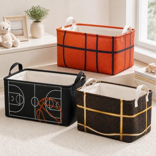 Basketball Shelf Basket, Kids Boys Ball Storage Basket Bins Box with Handles, Boys Sports Decor for Room Nursery 3 Pcs Set(Basketball) - color: Basketball