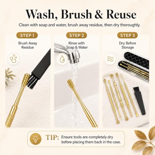Hion 6 Pcs Extended Ear Wax Removal Kit,Professional Double-Headed Ear Pick Earwax Removal Tools,316L Stainless Steel Ear Cleaner Curette with Cleaning Brush and Storage Box,Suit for Kid Adult(Gold) - color: Gold