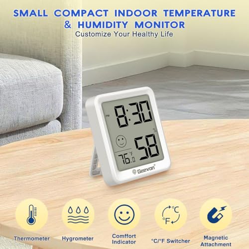 Geevon 6-Pack Mini Indoor Thermometer Hygrometer – Indoor Temperature & Humidity Monitor with Time Display and Comfort Indicator for Home House Office Garden and Cellar - size: 6 pack, style: 256360