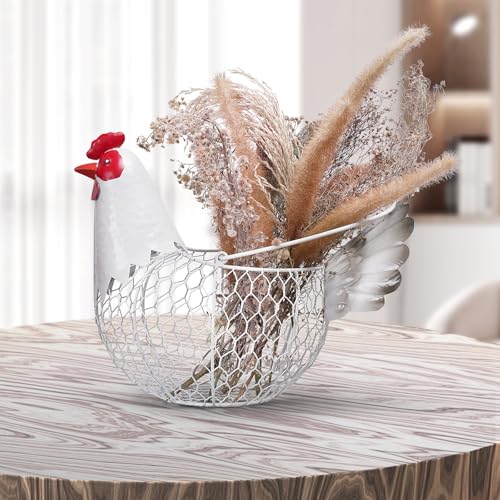 Farmhouse Metal Chicken Wire Egg Basket,Eggs Holder Bowl Kitchen Countertop | Vintage Rooster Decorative Chicken Shaped Fruit Basket for Living Room Home Farm Decor - color: Rustic White