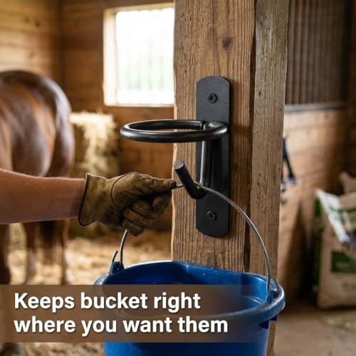 QWORK Metal Bucket Hangers for Horse Stalls, Black Wall Mount Holder with Ring Attachment, Multi-Purpose for Horses, Goats, Donkeys, and More - Includes 4 Hooks and Stainless Steel Screws