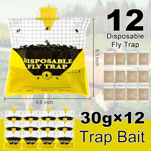 12 Pack Outdoor Fly Trap Bags Hanging - 12 * 30g Bait, Durable, Effective | Bug Hunter Catcher Killer Repellent for Stable Horse Barn & Farm | Disposable | Easy to use | Large Capacity - size: 12 pack