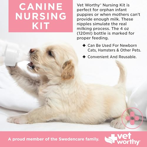 7-piece Canine Nursing Kit – 4oz Bottle, 4 Nipples, & Brush | Newborn Puppy Feeding Bottle for Nursing Puppy Milk & Feeding - Also Suitable for Small Animals