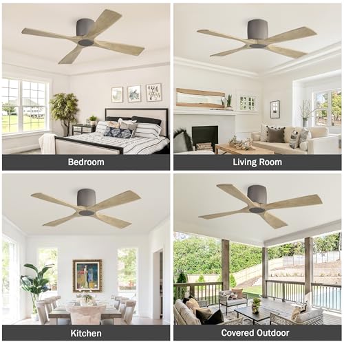 LEDLUX 48" Flush Mount Ceiling Fan without Light, 4 Reversible Blades, 6-Speed Noiseless DC Motor, Low Profile Hugger Ceiling Fan No Light for Living Room, Kitchen, Bedroom, Graphite and Gray - color: Graphite and Gray