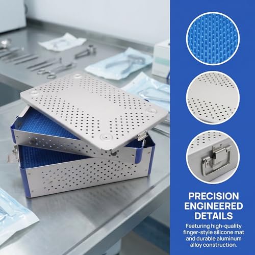 Autoclavable Aluminum Sterilization Tray, Silicone Mat for Ultrasonic Cleaning & Dental Tools 11.8"×7.9"×3.5"