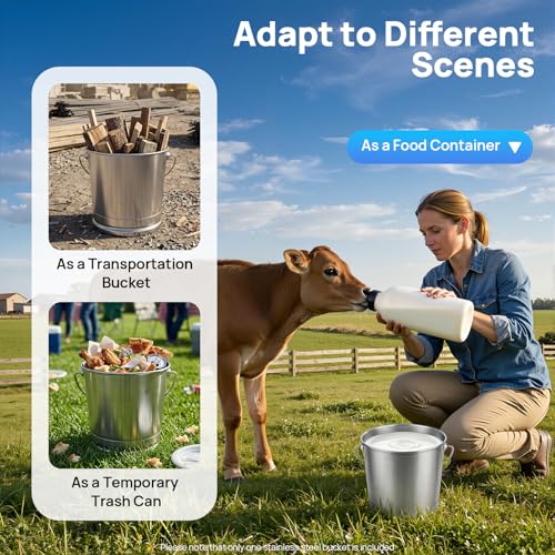 8L Stainless Steel Bucket with Lid & Handle, Silver Milk Pail | Metal Bucket Multipurpose Storage Container for Pet Food Rice Sand Ice - size: 8L