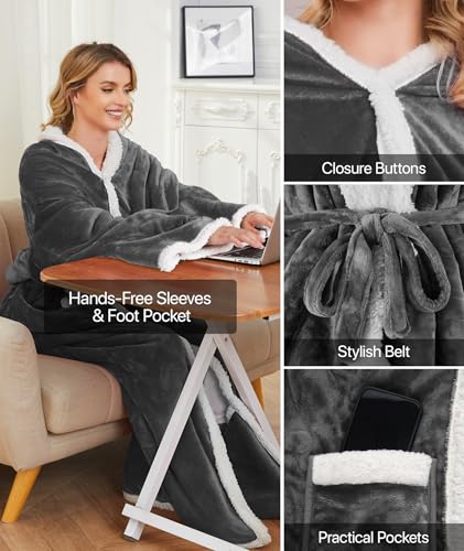 SIHOHAN Portable Heated Blanket with Foot Pockets for Wearable | Heated Throw Blanket, Flannel & Sherpa, 8 Heat Levels & Timer, 50x70 Inch Grey Home Office Travel, Machine Washable - size: 50*60 Grayish White