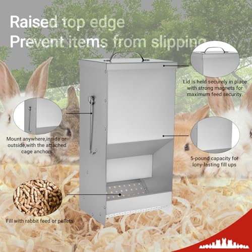 Rabbit Feeders Automatic for Cages,5 Pound Large Metal Trough Feeder Silver | Large Capacity Galvanized Outdoor Bunny Food Dispenser with Lid for Rabbits Chicken Guinea Pig Pet and Other Small Animals