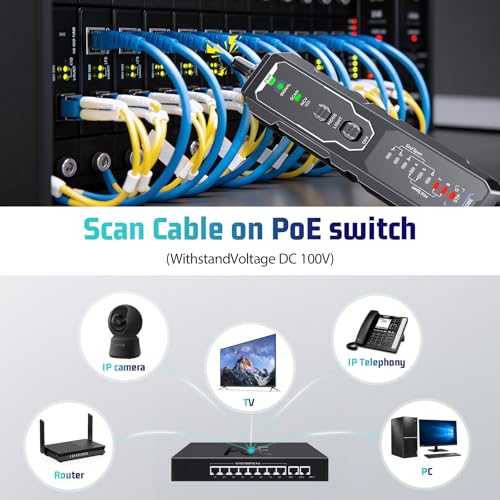 Network Cable Tester, RJ45 RJ11 Wire Tracer & Ethernet Tester, CAT5 CAT6 CAT6a CAT7 UTP STP, PoE NCV Crimp Test, 9-Wire Shield, Polarity, Line Finder for LAN Cable Maintenance