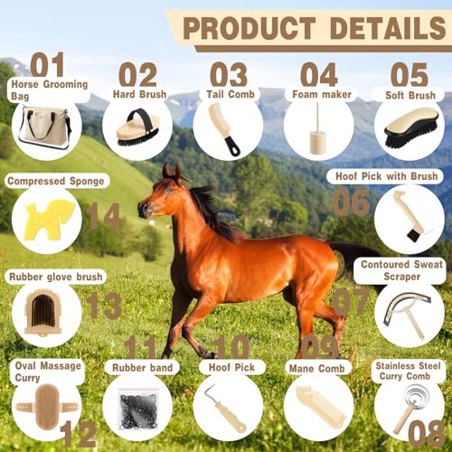 Abbylike 15 Pieces Horse Grooming Kit with Organizer Tote Bag Tack Room Supplies Horse Brush Sets Care Equine Cleaning Kit Shedding Grooming Massaging Tools (Beige) - color: Beige