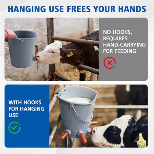 Sawysine 3 Pcs 8.45 Quart Calf Nursing Bucket, Five Teats Feeder with Metal Hanger, Hanging Calf Pail with Nipple Livestock Feeder for Over The Fence, Stall, Barn, Cowshed/Cattle Housing - color: Five Teats