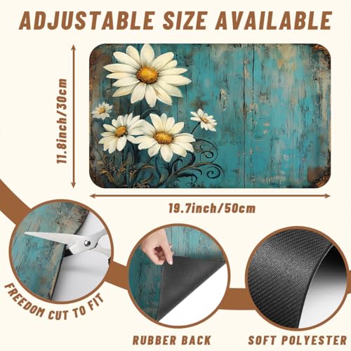 Rustic Barn Flower Dish Drying Mat for Kitchen Counter 2 Pack Fall Daisy Teal Turquoise Brown Absorbent Draining Pad, Coffee Bar Mat Accessories Fit, Quick Dry Mat Non-slip 12"L x 20"W
