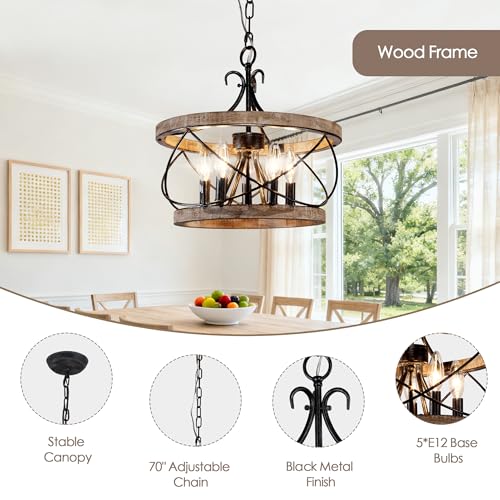 20'' Farmhouse Chandelier for Dining Room Rustic Chandelier | 5-Light Hanging Light Fixture over Table Wood Drum Pendant Hanging Lamp, Adjustable Height for Kitchen Entryway Living Room - color: 20" Wood Drum