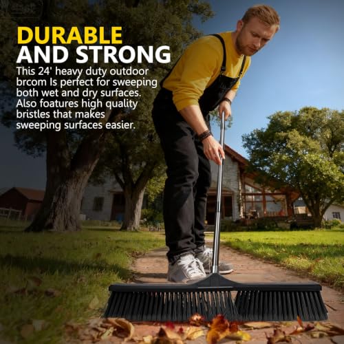 Masthome 24.8" Push Broom Heavy Duty Outdoor Stiff Bristle for Garage&Patio | 6-Layer Stiff Bristles|45° Angled Joint|Adjustable 47.2-56.9" Handle|Patio Garage Yard Concrete Cleaner|Non-Slip Rust Grip - color: Push Broom-black