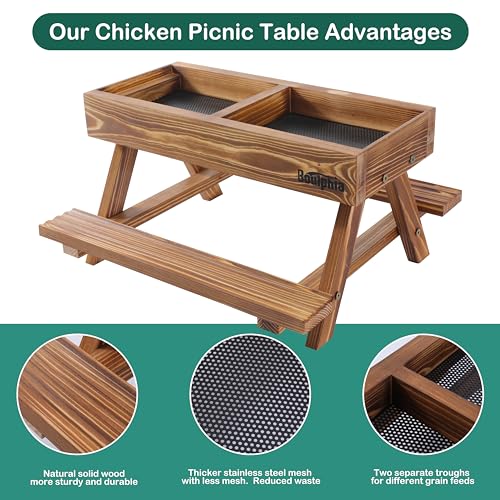 Boulphia Chicken Feeders and Waterers, Chicken Feeder No Waste Kit with Picnic Table and 2 Water Feeder, Handmade Wooden Chicken Supplies & Accessories for Chicken Coop - color: Carbonized Solid Wood
