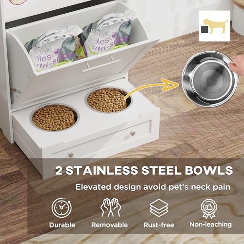 PawHut Dog Feeding Station with Raised Bowls, Pet Feeder Station, White | Dog Food Storage Cabinet, Hanger for Feeding & Watering Supplies - color: White