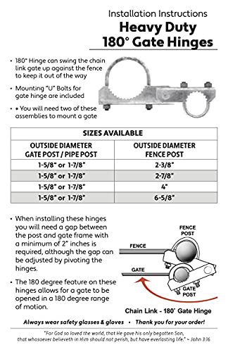 Chain Link Fence 180 Degree Commercial Duty Gate Hinge - for 4" Outside Diameter Gate Post/Pipe & 1-5/8 Thru 1-7/8" Gate Frames. Chain Link Post Gate Hinge - Includes Hinge U Bolts - 1 Hinge Assy. - size: 4" Post - Each
