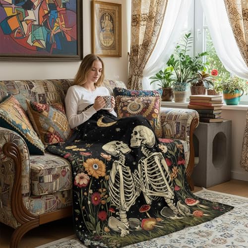 Gothic Moon Skeleton Blanket Gifts for Men Women Kids Romantic Floral Skull Throw Blanket Gifts 50"x60" - color: Black Red