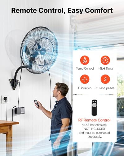 VEVOR Wall Mount Fan, 20 in Wall Mounted Hanging Fan with Oscillating & Mist, Remote, IP44-rated, 3-Speed, 18h Timer, Temperature Control, Powerful for Industry, Commercial, Garage, Workshop, Gym
