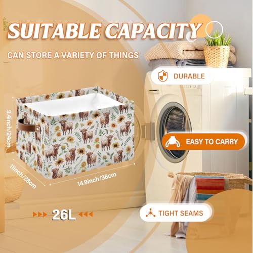 Rectangle Highlandcow Storage Basket, 14.9"11"9.4" Collapsible Box Bin with Handles - color: Highlandcow-white